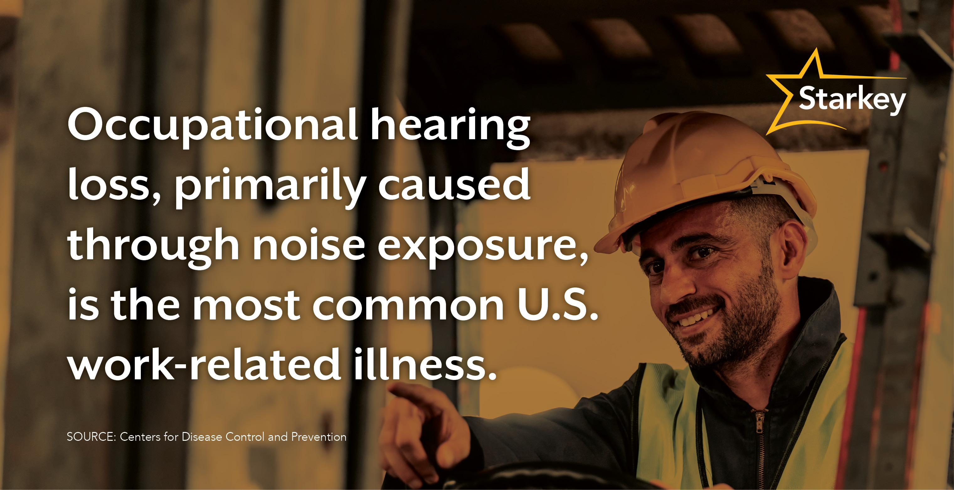 Image of warehouse or construction worker in a forklift beside the words, "Occupational hearing loss, primarily caused through noise exposure, is the most common U.S. work-related illness"
